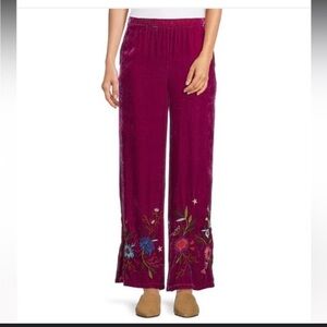 Johnny Was Ulla Velvet floral pants elastic pink M embroidered fall casual $350
